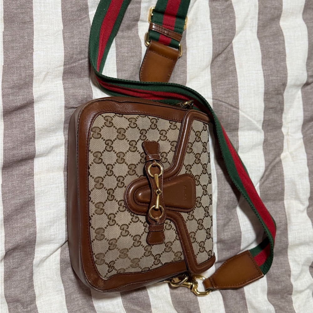 Gucci Brown and Tan Messenger Bag with Green and Red Strap